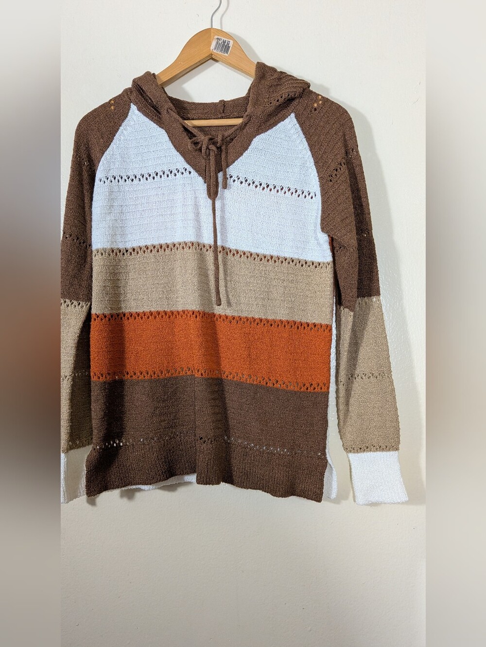 Womens Striped Hooded Knit Sweater - Brown/White/Orange Sz S Casual Boho Chic